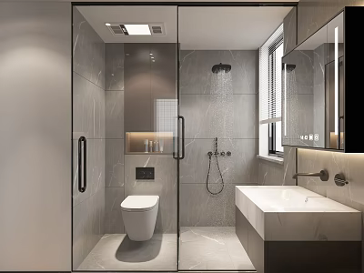 Modern Bathroom Interior With Glass Shower Enclosure Marble Sink And Gray Tiles 3d model