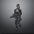 Futuristic Female Warrior In Shiny Metallic Cybernetic Armor Holding Large Sci Fi Energy Weapon