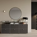 Modern Console Cabinet With Drawers Round Mirror Decorative Items And Floor Lamp