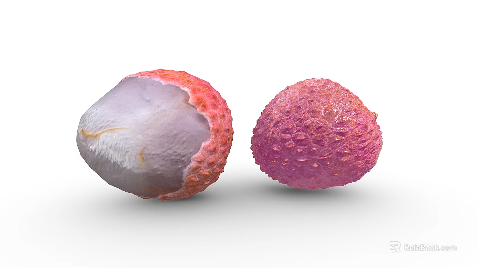 Fresh Lychee Fruit Showing Peeled Half With White Flesh And Whole Red Spiky Skin 3d model 