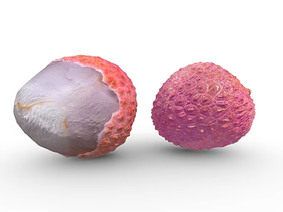 Fresh Lychee Fruit Showing Peeled Half With White Flesh And Whole Red Spiky Skin 3d model