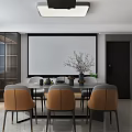 Modern Restaurant Interior With Dining Table Chairs Open Kitchen Ceiling Light And Wall Clock
