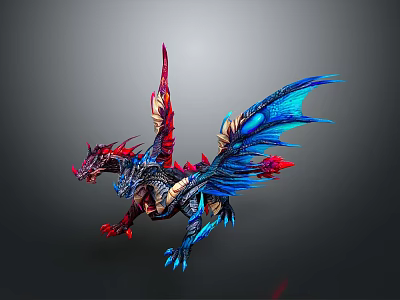 Mythical Dragon Character With Red And Blue Wings Flying In Dark Background 3d model
