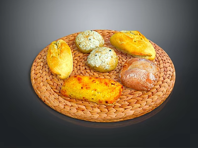 Fresh Homemade Bread Varieties on Wicker Tray With Different Shapes and Colors 3d model