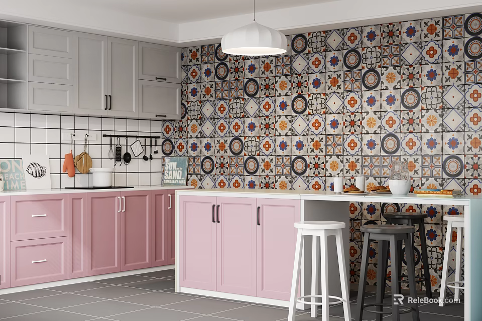 Modern Kitchen Interior With Pink Cabinets Colorful Patterned Tiles And Stools 3d model