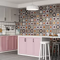 Modern Kitchen Interior With Pink Cabinets Colorful Patterned Tiles And Stools 3d model