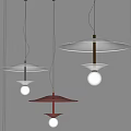 Modern White Red Pendant Lights With Metallic Poles Disc Shaped Tops And Spherical Globes