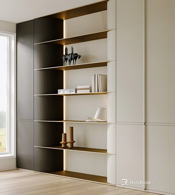Modern Display Cabinet With Open Shelving Illuminated Featuring Sculptures Books Table Lamp And Candles 3d model 
