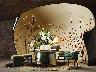 Artistic Sofa and Coffee Table Set With Green Chairs Table Lamp Vase And Decorative Wall 3d model