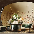 Artistic Sofa and Coffee Table Set With Green Chairs Table Lamp Vase And Decorative Wall