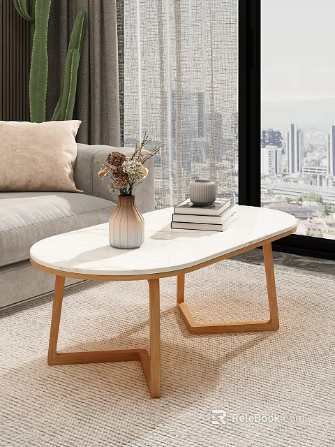 Oval White Coffee Table with Vase Dried Flowers Small Teacup Books and Wooden Legs 3d model 