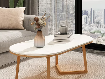 Oval White Coffee Table with Vase Dried Flowers Small Teacup Books and Wooden Legs 3d model