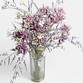 Purple and White Flowers in Transparent Glass Vase with Green Grasses for Home Decor