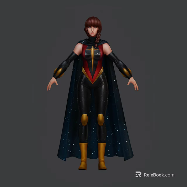 Game Movie Character With Black Bodysuit Red Gold Accents And Dark Blue Starry Cape 3d model 