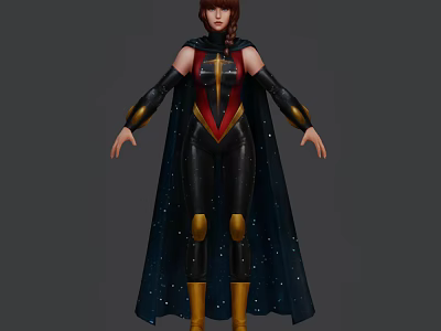Game Movie Character With Black Bodysuit Red Gold Accents And Dark Blue Starry Cape 3d model