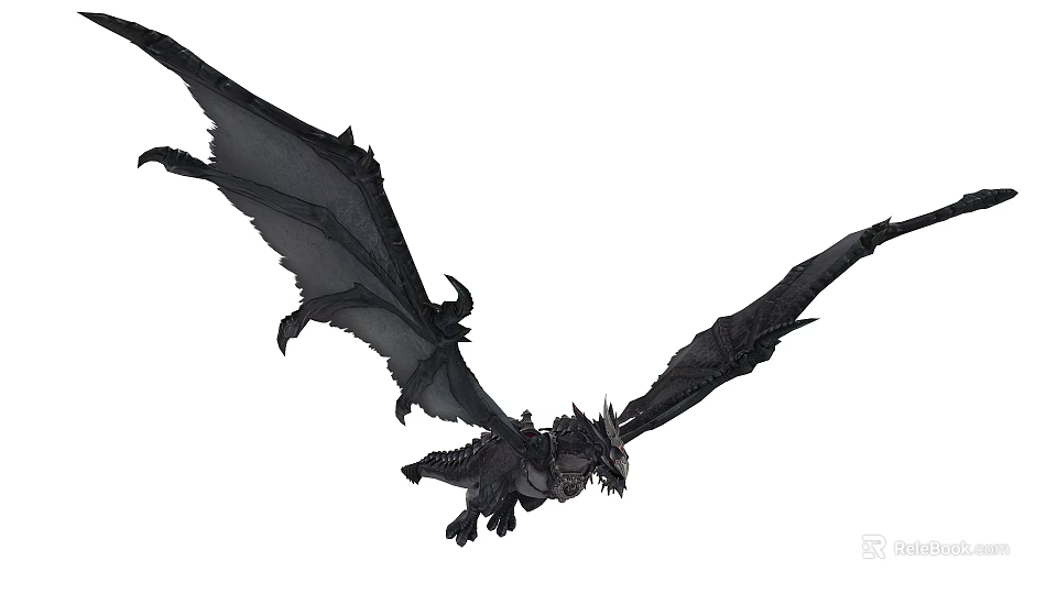 Black Dragon With Large Bat Like Wings Flying Gracefully In White Background 3d model 