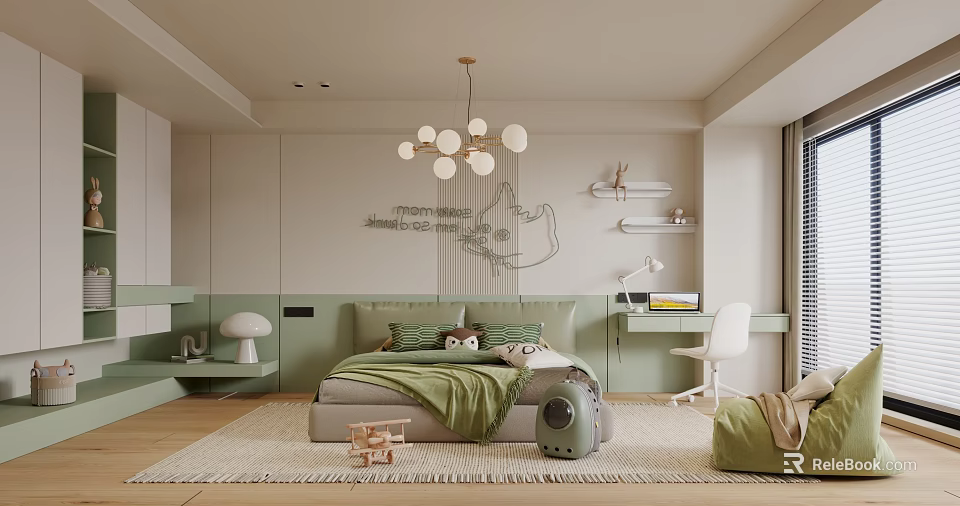 Cozy Kids Room Interior Design With Light Green Bed Wall Map And Spherical Chandelier 3d model 