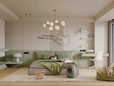 Cozy Kids Room Interior Design With Light Green Bed Wall Map And Spherical Chandelier 3d model