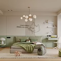 Cozy Kids Room Interior Design With Light Green Bed Wall Map And Spherical Chandelier