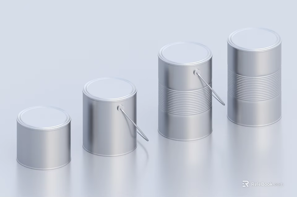 Industrial Equipment Silver Metal Drums With Handles In Various Sizes Arranged In Row 3d model 