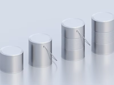 Industrial Equipment Silver Metal Drums With Handles In Various Sizes Arranged In Row 3d model