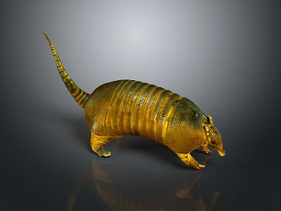 Golden Armadillo 3D Render With Shiny Metallic Shell On Dark Reflective Surface 3d model