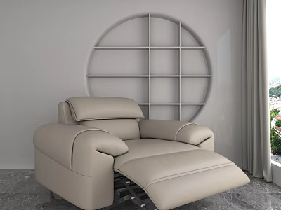 Beige Single Recliner Sofa With Circular Grid Bookshelf And Gray Wall 3d model