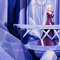 Elsa in Purple Gown Standing in Ice Castle Holding Pink Flower with Icy Blue Background