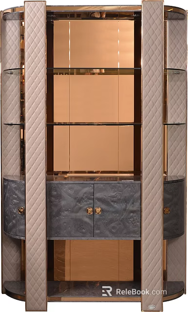 Elegant Modern Wine Cabinet With Quilted Panels Gold Accents And Glass Shelves 3d model 