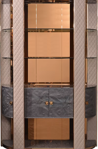 Elegant Modern Wine Cabinet With Quilted Panels Gold Accents And Glass Shelves 3d model