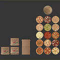 Display of Various Tasty Pizza Varieties with Colorful Packaging Boxes