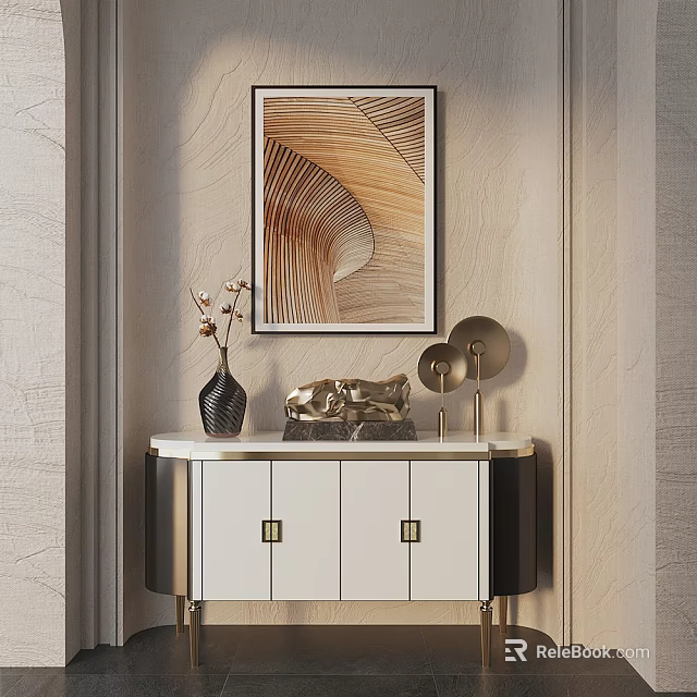 Modern Elegant Console Table with Abstract Painting Vase and Decorative Sculpture White Cabinet Gold Handles 3d model 
