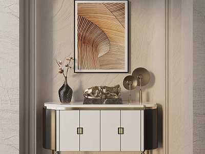 Modern Elegant Console Table with Abstract Painting Vase and Decorative Sculpture White Cabinet Gold Handles 3d model