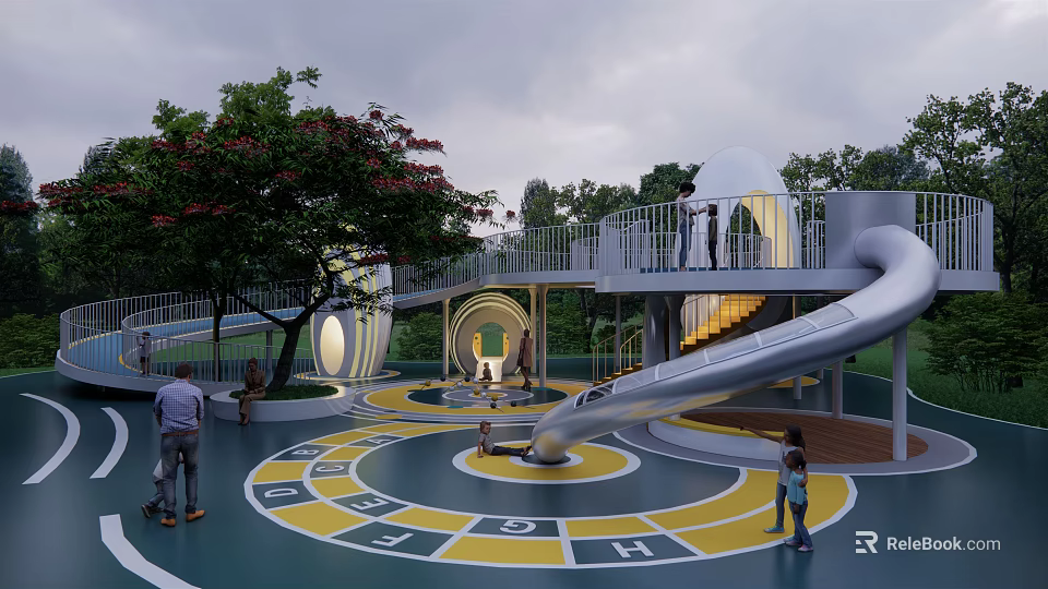 Outdoor Kids Playground With Circular Floor Colorful Letters Slide And Trees 3d model 