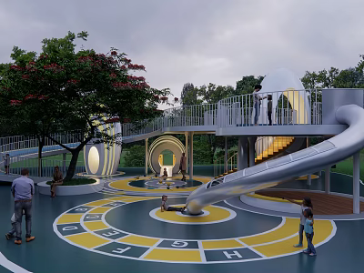 Outdoor Kids Playground With Circular Floor Colorful Letters Slide And Trees 3d model