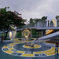 Outdoor Kids Playground With Circular Floor Colorful Letters Slide And Trees