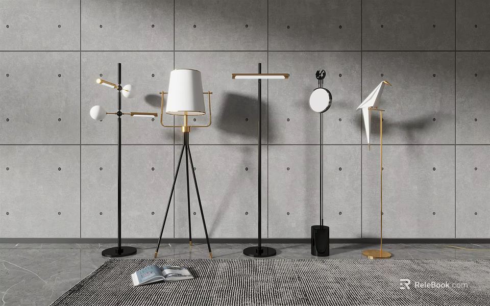 Modern Floor Lamps With Various Designs And Tripod Bases On Gray Wall Background 3d model 