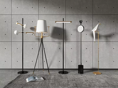Modern Floor Lamps With Various Designs And Tripod Bases On Gray Wall Background 3d model