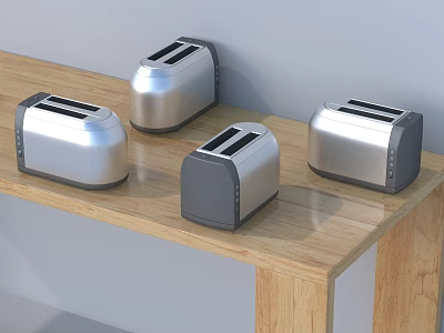Four Stainless Steel Toasters As Kitchen Appliances On Wooden Table 3d model