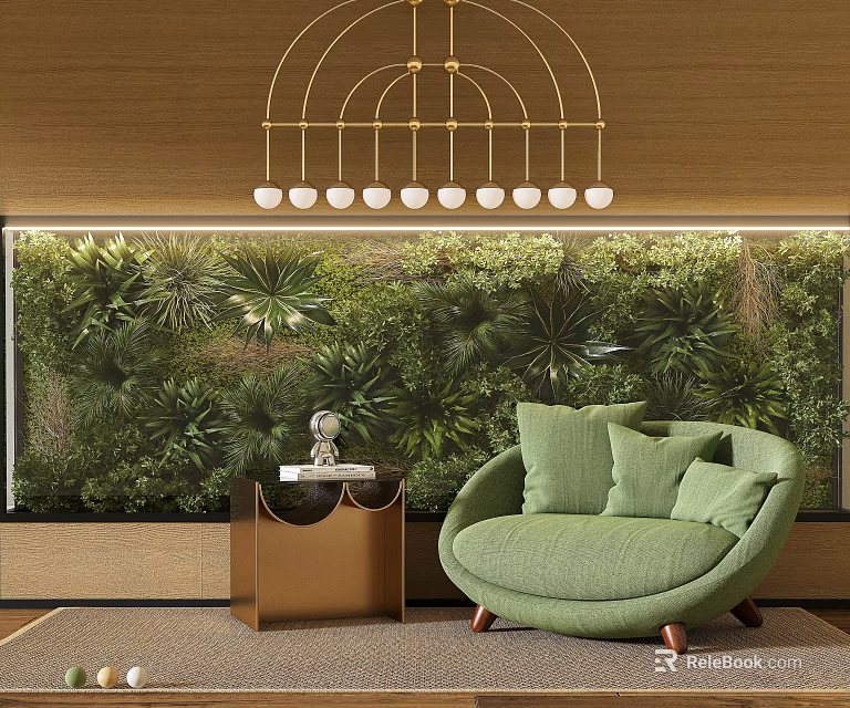 Green Single Seater Sofa With Soft Cushions By Lush Plant Wall And Gold Side Table 3d model 