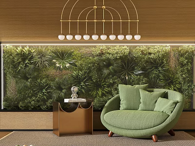 Green Single Seater Sofa With Soft Cushions By Lush Plant Wall And Gold Side Table 3d model