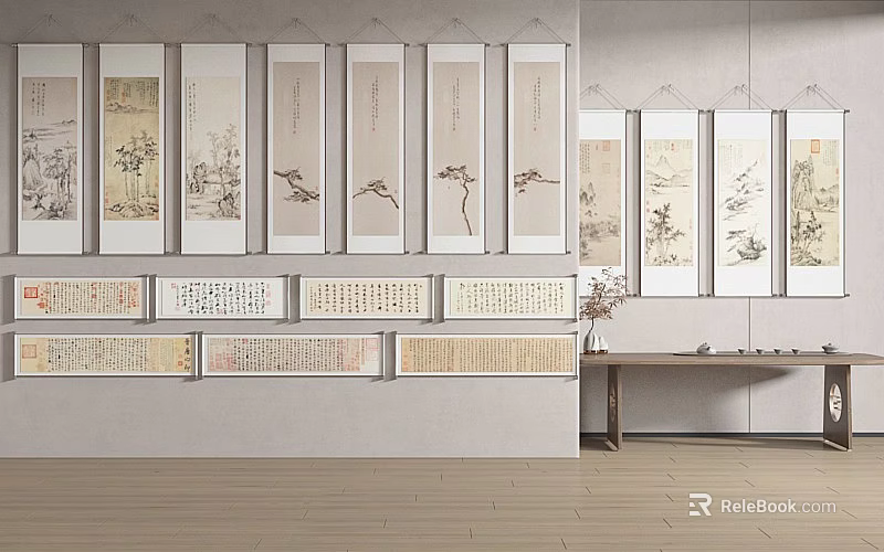Traditional Chinese Scroll Paintings With Calligraphy And Flower Bird Motifs On Wall 3d model 