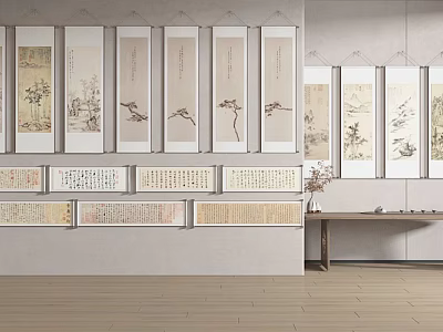 Traditional Chinese Scroll Paintings With Calligraphy And Flower Bird Motifs On Wall 3d model