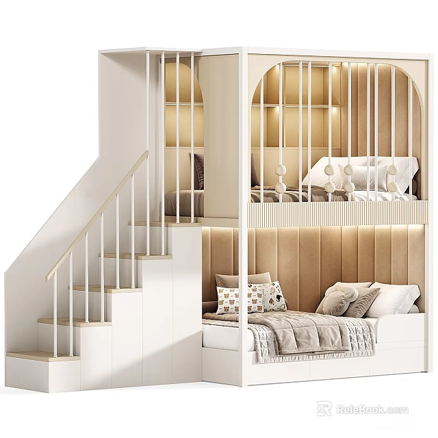 Modern Bunk Bed Design With Wooden Staircase And Upholstered Headboard White Finish 3d model 