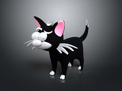 3D Black Cat with Pink Ears White Whiskers and White Paws in Cute Cartoon Style 3d model