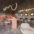 Bar Interior Design Featuring Industrial Style Neon Sign Round Windows Tables And Sculpture