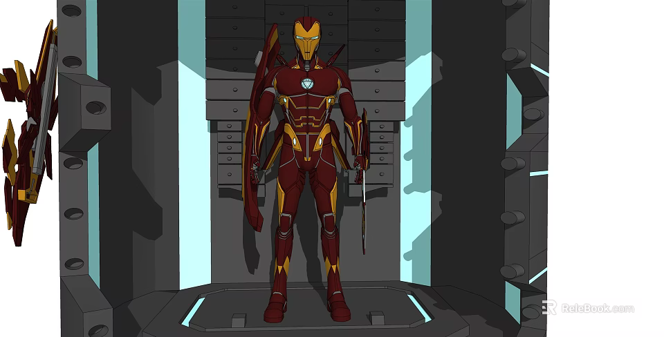 Iron Man Red And Gold Armor In Futuristic Metal Structure With Blue Lighting 3d model 