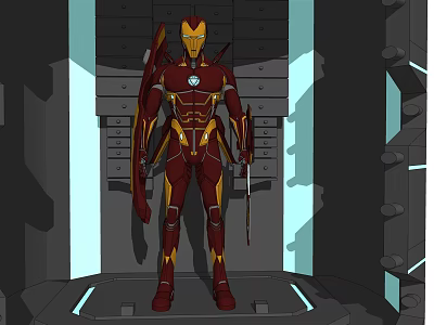 Iron Man Red And Gold Armor In Futuristic Metal Structure With Blue Lighting 3d model