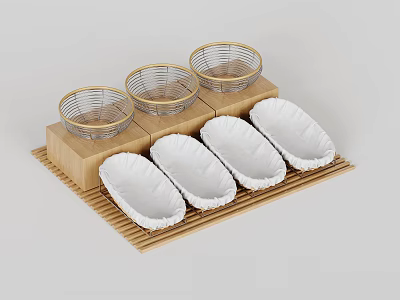 Wooden Display Shelf with Metal Wire Baskets and White Fabric Containers 3d model