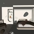 Modern Minimalist Bedroom Interior With Round Mirror Cozy Bed Light Curtains And Shelf